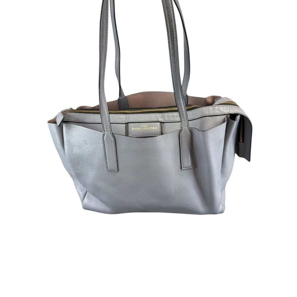 Marc Jacobs Leather Tote Bag Blue Gray Gold Hardware Zip Compartment Dust Bag - Picture 3 of 14